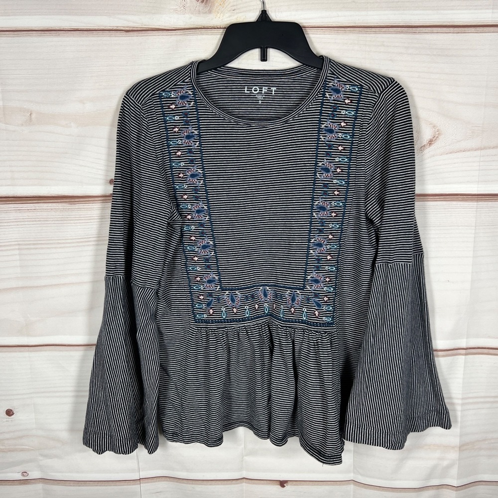LOFT Top Womens Small Blue Stripe Cotton Blouse Bell Sleeve Embroidered Pullover
